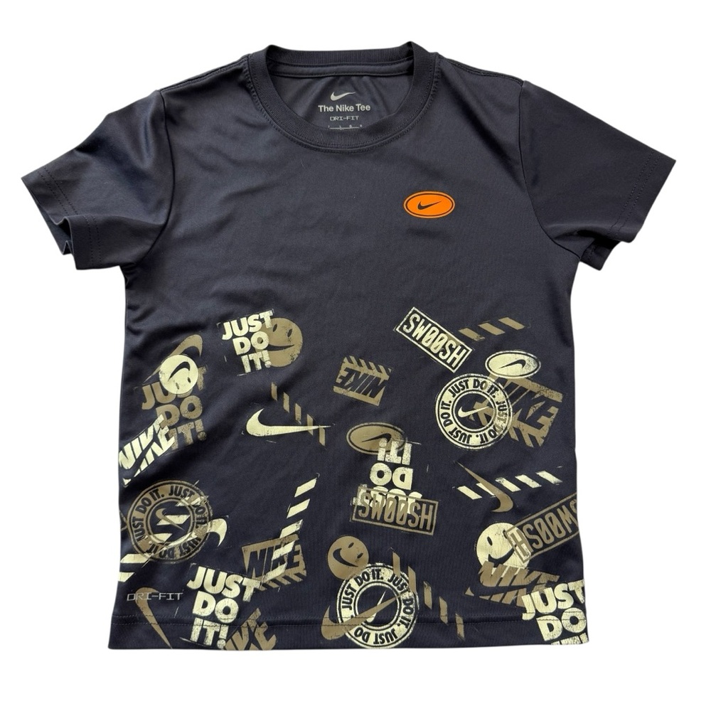 Nike Dri-Fit Kids T-Shirt – Size 7 (Large) Navy Blue Allover Logo Graphic